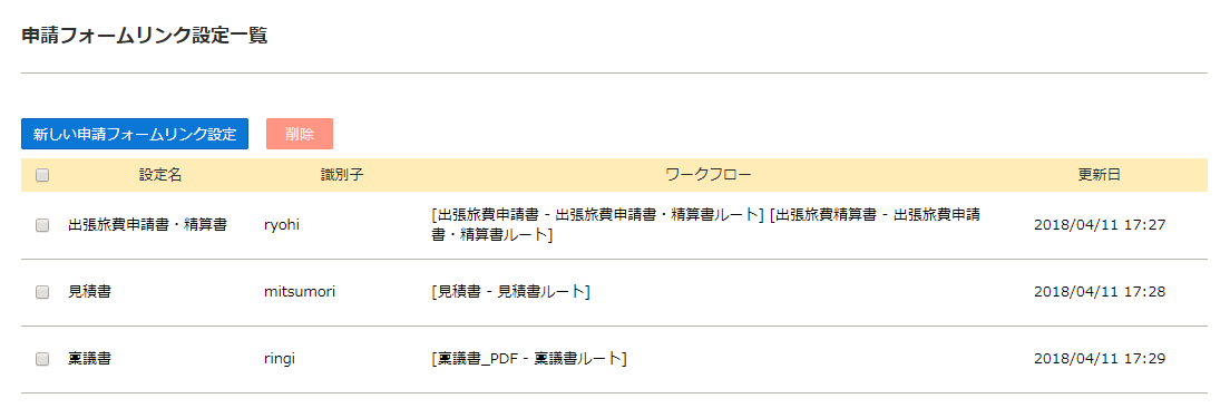 申請フォームリンク設定一覧 ワークフローシステム ドキュメント